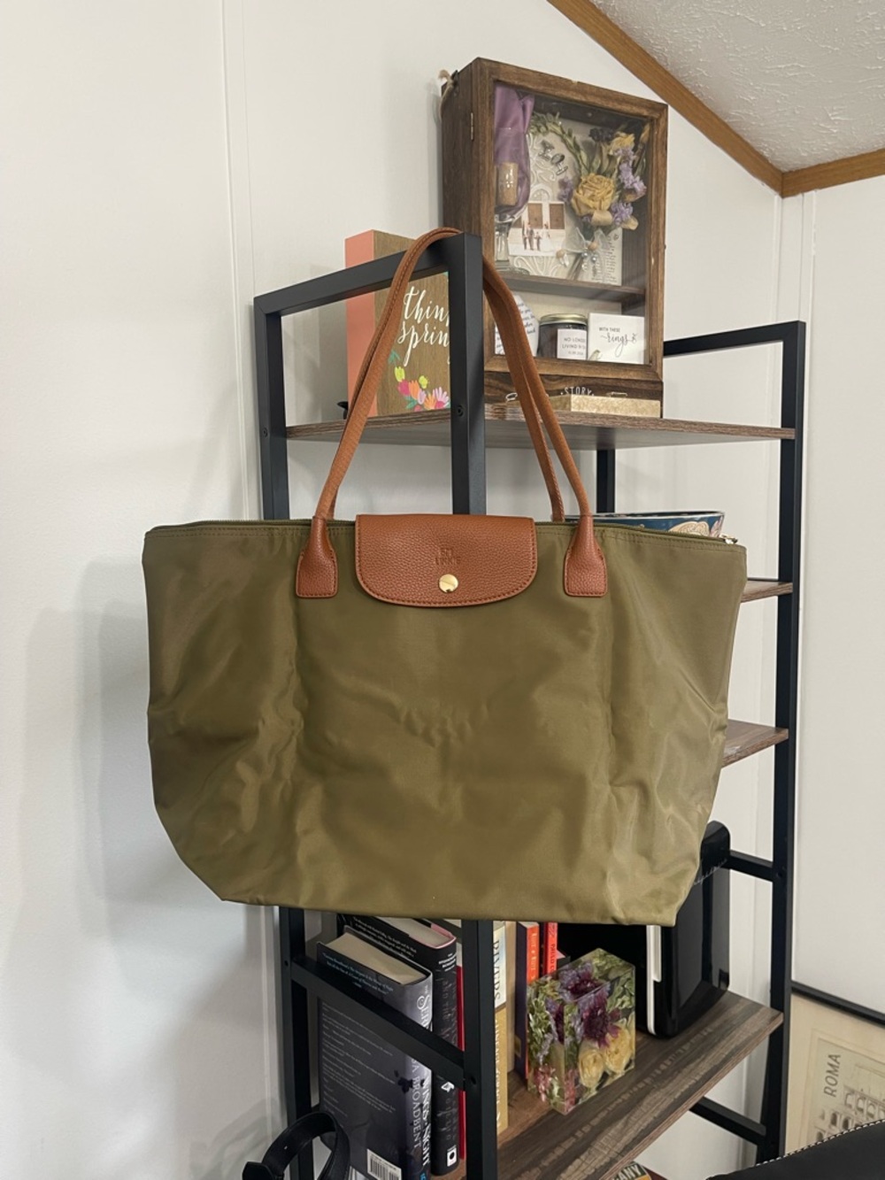Olive Green Nylon Tote with Brown Leather Trim - LIKE NEW